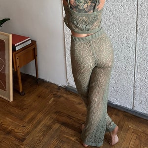 Gehäkelte Strandhose, gestrickte Leinenhose, trendige Häkelhose für Frauen, Frauenhose mit weitem Bein, Häkelhose mit hoher Taille