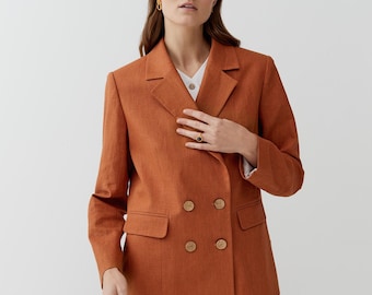 Handmade Linen Blazer: Double Breasted Suit Jacket, Cinnamon Brown