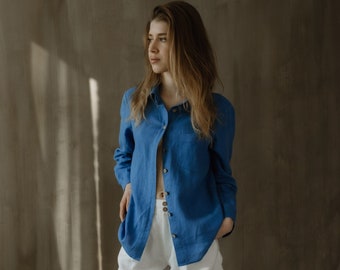 Oversized Blue Linen Shirt: Classic Button-Down, Long Sleeve