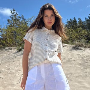 Elegant striped linen blouse with short sleeves, soft and breathable summer top, timeless eco gift for her wardrobe