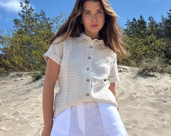 Eco-Friendly Striped Linen Shirt – Women’s Short Sleeve Top, Coconut Buttons, Gift for Her