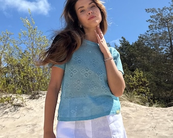Blue Linen Knit Openwork Top Short Sleeves Women Summer Casual Blouse