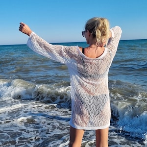 Crochet tunic dress, Summer holidays swimwear coverup dress, Vintage knit linen dress, Soft linen yarns beach dress, See through women dress