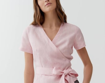 Handmade Linen Wrap Top: Deep V Neck Boho Blouse