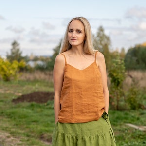 Basic linen top, Spaghetti straps top, Linen loose fitting top, Cinnamon linen camisole, Linen top LINDA image 1