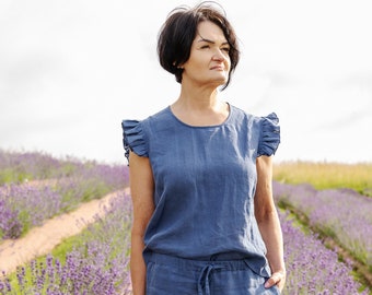 100% Soft Linen Blouse, Womens Sleevless T-shirt, Linen Sleepwear Top LUKA