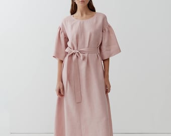 Handmade Linen A-Line Dress: Soft Pink Summer Dress with Belt