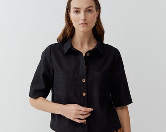 Black Linen Women’s Jacket Short Sleeves Coconut Buttons Front Pockets Casual Gift Blazer