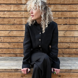 Black classy buttoned women linen shirt, Loose fitting casual natural linen shirt, Basic unisex style soft linen collared opened shirts top