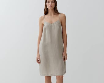 Mini linen dress, Natural linen spaghetti dress, Simple sleeveless linen dress, Women linen underwear dress, Light summer linen grey dress