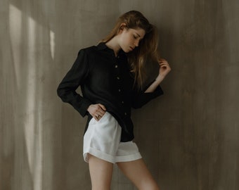 Cómo Combinar Camisa Lino Negra Mujer Camisa Negra De Manga Corta