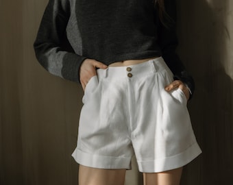 White Linen Bermuda Shorts: High Waisted Pleated Summer Shorts