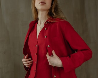 Red Linen Shirt: Oversized Button-Down, Classic Collar