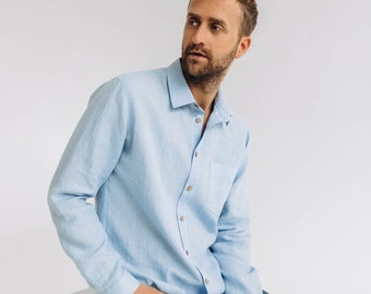 Classic linen men's shirt, Buttoned linen shirts, Men linen wear, Blue linen basic shirt, Smart casual men linen wear, Simple linen shirt