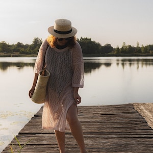 White beach cover-up tunic dress, Boho women holiday outfit, See through linen knit dress, Swimwear cover up top, Hand knit eco linen dress