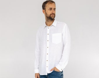 Wit linnen overhemd, herenoverhemd met knopen, casual zomerlinnen herenoverhemden, klassieke moderne herenlinnenkleding, zachte linnen overhemden met knopen