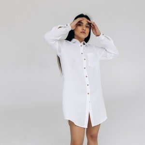 White Linen Shirt Dress: Oversized Relaxed Fit Buttoned Tunic