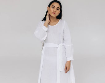 Robe en lin simple, Robe à manches longues ballon, Robe en lin de mariage Boho, Vêtements d’été en lin pour femmes, Robe avec poches, Robes longues ceinturées