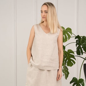 Timeless Linen Sleeveless Blouse – Minimalist Summer Top with V-Neck, Lightweight Eco-Friendly Gift for Girlfriend or Best Friend