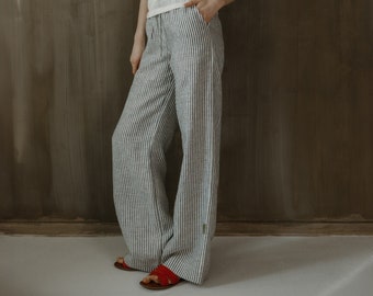 Striped Linen Wide Leg Pants: Relaxed Fit Summer Trousers