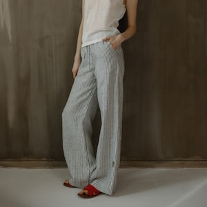 Natural soft linen wide leg women pants, Summer relaxed fit wide trousers, Oversized style baggy linen trousers, Striped ligth linen pants