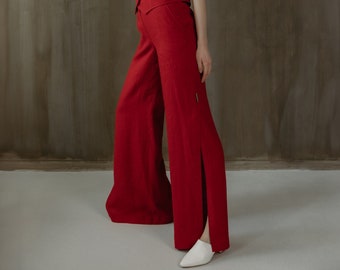 Red linen wide linen skirt pants with deep splits, Women linen palazzo pants, Soft wide leg trousers with pockets, Tall woman linen pants