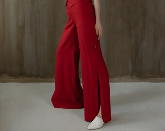 Red Linen Palazzo Pants: Wide Leg Trousers with Splits