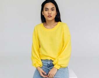 Pure soft linen pullover, Women linen sweater, Balloon sleeve linen blouse, Minimalist linen, Loose fitting linen top, Yellow linen blouse,