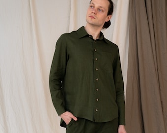 Herren Leinen Langarmhemd: Smart Casual Shirt mit Knöpfen