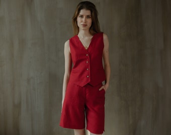 Women linen matching set, Smart casual summer linen wear, Vest and shorts set, Red trendy linen clothing for women, Woman linen piece of two