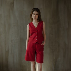 Women linen matching set, Smart casual summer linen wear, Vest and shorts set, Red trendy linen clothing for women, Woman linen piece of two