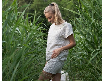 Linen pajama set/Women's sleepwear/Linen sleep shorts and top/Stripped linen clothing CAMILA