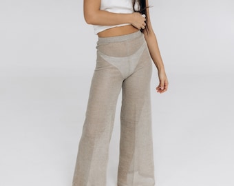 Boho Bliss Trendy Knitted and Crochet Beach Pants - High Waisted and See-Through Elegance for Women's Summer Wardrobe