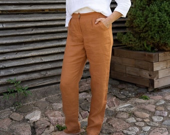 Washed women linen trousers, High waisted linen pants, Tapered linen pants with pockets, Softened natural flax classic trousers