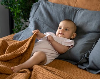 Handmade Linen Throw in Cinnamon Colour, Waffle Pattern Blanket, Bedspread, Coverlet, New Born Blanket