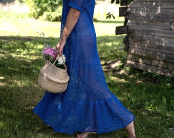 See through hand knitted dress, Linen yarns lightweight summer maxi dress, Oversized blue beach dress, Crochet long linen womens dress TEJA