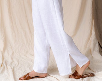 Women linen pants with splits, White summer linen trousers, Wide linen pants, Palazzo flax woman pants in linen, Boho clothing