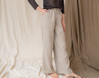 Straight linen pants with pockets, Boho women linen clothing, Oversized style trousers, Breathable flax woman long pants, High waist pants