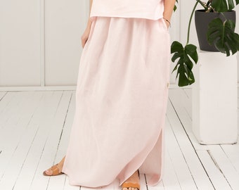 Jupe maxi lin prêt à porter, jupe femme longue taille S-M, jupe plage d’été en rose clair, jupe boho romantique SMILGA