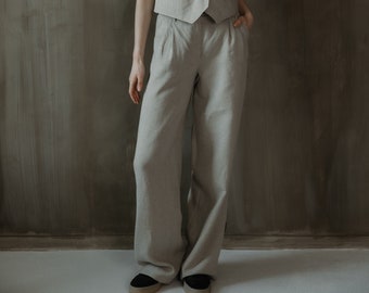 Pantalones de mujer estilo ancho ligero de lino natural, pantalones de lino de corte holgado con bolsillos, pantalones de lino ecológico de pierna ancha de ajuste relajado SMILA