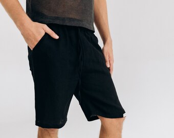 Black Linen Men's Shorts: Organic Boho Loungewear with Pockets