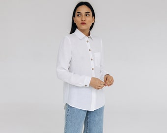 Loose Fitting Linen Button-Up Shirt: Long Sleeve Collar Shirt