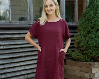 Robe en lin Bordo, Robe tunique en lin pur, Robe femme oversize à manches courtes, Robe en lin d’été avec poches, Plus vêtements en lin femme