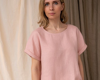 Pastel rose oversized linen tshirt, Loose fit linen top, Minimalist linen wear, Woman summer linen t-shirt, Short sleeves linen tank top