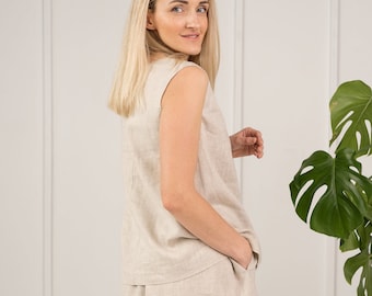 Chemisier sans manches en lin naturel basique, t-shirt en lin simple pour l'été, vêtements en lin décontractés intelligents, haut pour femmes en lin à col en V LINA