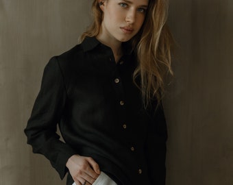 Smart casual formal black buttoned linen shirt for women, Unisex classic linen collared shirt, Relaxed fit natural linen long sleeve shirts,