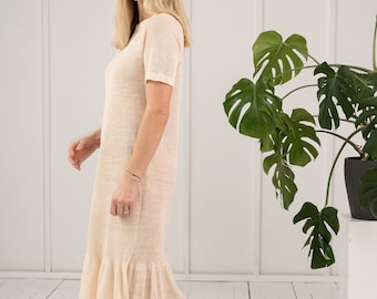 Woman's linen romantic ruffle dress, Long cable knit dress, Linen yarns boho dress, Skin friendly linen beach dress JURA