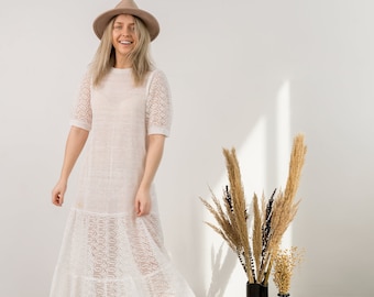 White crochet maxi summer dress, Knitted boho wedding dress, White linen boho dress, Wide skirt bride's dress, Hand knitted beach dress TEJA