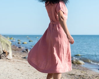 Boho beach wedding long dress, Simple belted linen dress, Summer linen wear, Short sleeve dress, Soft linen dress pockets, Romantic dress