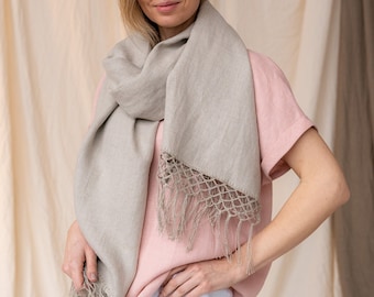 Unisex long linen scarf, Boho natural linen scarves, Wide oversized woman scarf, Fair made linen accessories, Man linen scarf